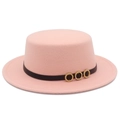 Detail of pink flat-top felt hat with a black band and three gold rhinestone buckles - Pink