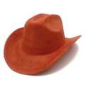 Primo piano dettagliato che mostra la trama scamosciata e le cuciture del cappello da cowboy - arancio-rosso