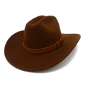 Dettaglio cappello cowboy in feltro di lana marrone con cinturino in pelle e fibbia - Caffè
