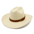 Cappello da cowboy classico crema con cinturino in pelle marrone e fibbia argento su bianco - Beige
