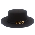 Close-up of black felt boater hat with decorative ribbon and gold rhinestone buckles - Black
