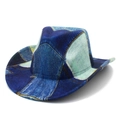 Chapeau de cowboy vintage avec patchwork imprimé denim bleu et bord incurvé élégant - Taille unique / Style de couture bleu 1