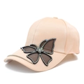 Satin finish baseball cap with rhinestone butterfly applique and crystal brim chain - One Size / Pink
