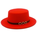 Elegant red flat top wool felt hat with thin black belt and golden rhinestone buckles - Red