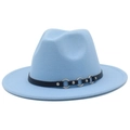 Cappello fedora vintage azzurro con cintura in pelle nera e anelli d'argento per uomo e donna - Taglia unica / Azzurro