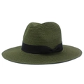 Detail of olive green straw sun hat with fine weaving and black ribbon bow detail - Army Green