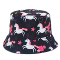 Cute black bucket hat for women with colorful unicorn, floral, and heart cartoon prints - Cartoon Unicorn Floral Style (BS318)