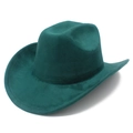 Dettaglio del cappello da cowboy in pelle scamosciata verde scuro e tesa curva - Verde scuro
