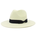 Classic cream Fedora straw hat with black grosgrain ribbon and bow for outdoor beach shade - Cream
