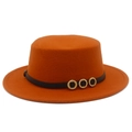 Detail of orange flat top felt hat with thin leather band and gold rhinestone accents - Orange