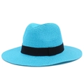 Detailed weave texture of light blue woven straw sun hat with black ribbon band - One Size / Lake Blue