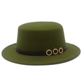 Close-up of olive green wool felt flat top hat featuring black leather band and crystal rings - Army Green