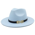 Light blue wool fedora hat with wide brim and elegant black leather band with gold buckle - One Size / Light Blue