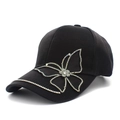 Chic black satin baseball cap with glittering rhinestone butterfly design for women - One Size / Black