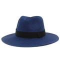 Detail of navy blue straw Panama hat with fine weave texture and black grosgrain ribbon - One Size / Dark Blue