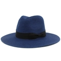 Detail of the woven paper texture and black ribbon bow on a navy wide brim straw sun hat - Dark Blue