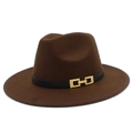 Detail of coffee brown wool fedora hat with wide brim and gold geometric buckle accent - One Size / Coffee