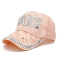 Pink lace baseball cap for women with rhinestone FAKE letters and crystal brim - One Size / Pink
