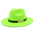 Detail of neon green wool fedora with a black leather band and golden buckle accent - One Size / Fluorescent Green