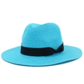 Detail of blue straw sun hat showing fine woven texture and black ribbon with small bow - Lake Blue