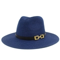 Dettaglio della trama in paglia blu scuro con cinturino in pelle nera e fibbia dorata - Blu scuro