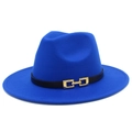 Macro shot of a blue wool fedora hat featuring a black leather band and gold metal buckle - One Size / Sapphire Blue