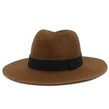 Front view of brown woven straw Fedora hat with black ribbon band on white background - One Size / Coffee