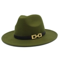 Detail view of olive green fedora hat with black leather strap and gold buckle - One Size / Army Green