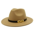 Elegant wide brim camel wool fedora hat with black leather band and gold buckle - One Size / Camel