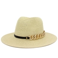 Chapeau de soleil en paille pour femme avec ruban noir et chaîne dorée élégante - Poche zippée