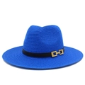 Cappello Panama blu reale in paglia con fascia nera e fibbia dorata per la spiaggia - Blu Zaffiro