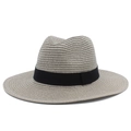 Detail view of the fine straw weave and black ribbon on this summer fedora sun hat - One Size / Gray