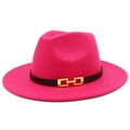 Close-up of pink wool fedora hat with black leather band and gold metal buckle detail - One Size / Rose Red