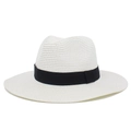 Classic white woven straw Panama sun hat with black ribbon band and structured crown - One Size / White