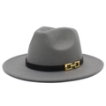 Elegant grey wool fedora hat with wide brim and decorative gold buckle black band - One Size / Gray