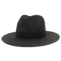 Detailed view of the fine woven straw texture and black ribbon trim on this sun hat - One Size / Black