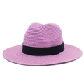 Lavender straw sun hat with black ribbon, elegant summer panama style for women outdoors - One Size / Purple