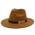 Detailed view of brown wool fedora hat with a black leather band and gold metal buckle - One Size / Khaki