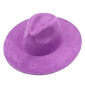 Detail view of purple suede fedora hat crown with decorative stitching and wide brim - Purple