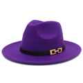 Detail of purple felt jazz hat featuring black leather band and gold geometric metal buckle - One Size / Purple