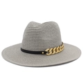 Chapeau de soleil classique en paille grise avec bande en cuir noir et chaîne dorée - Gris