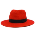Classic red woven straw sun hat with black ribbon, elegant fedora style for outdoor summer - One Size / Red