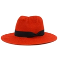 Red western style straw hat for beach with black ribbon and bow decoration - Red