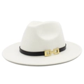 Detail of elegant beige wool fedora featuring a black band and gold square chain buckle - One Size / White