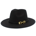 Close-up of black wool fedora with leather band and gold metal buckle detail - One Size / Black