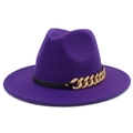 Detail of purple wool felt jazz hat with black leather band and gold metal chain link - Purple