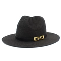 Dettaglio della trama del cappello di paglia nero con cinturino in pelle e fibbia d'oro - Nero
