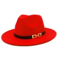 Detail of red wide brim fedora hat featuring a black leather band and gold buckle - One Size / Red
