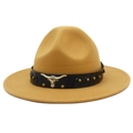 Vintage camel wool jazz hat with silver bull head accessory and leather studded band - Khaki