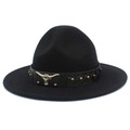 Detail of western fedora with bull head metal ornament and leather woven band decoration - Black